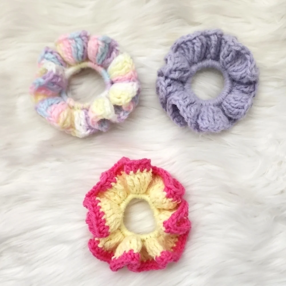 Handmade Textured Crocheted Scrunchies Ponytail Holder Hair Tie Set Of 3 - New